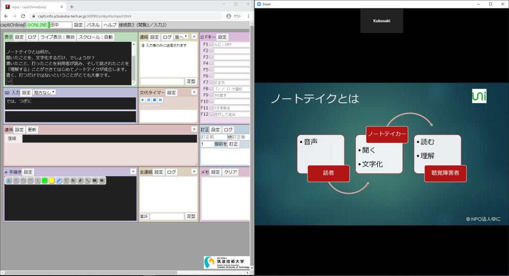 入力用captiOnline・ChromeとZoomを1つの画面に配置した入力者用画面の例（Windows）
